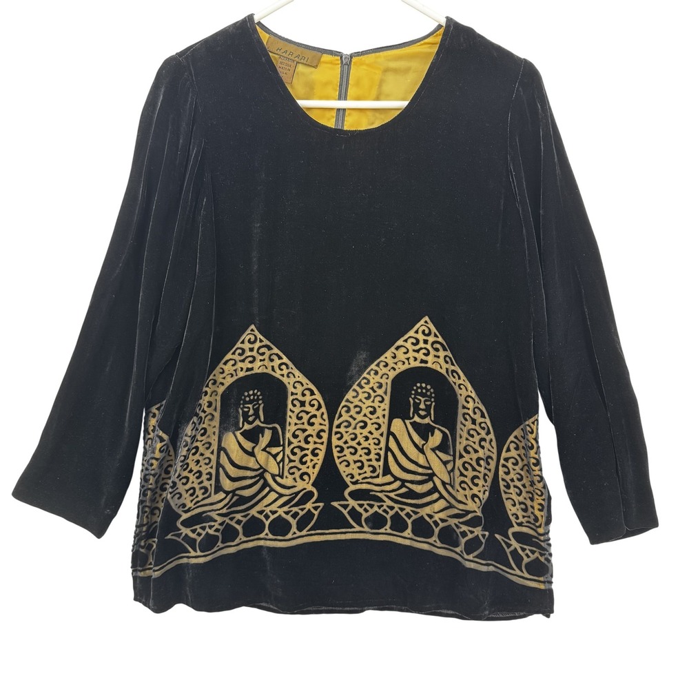 Vintage Harari Velvet Blouse Womens Petite Blk Gold Buddha Print Silk Lined 90s